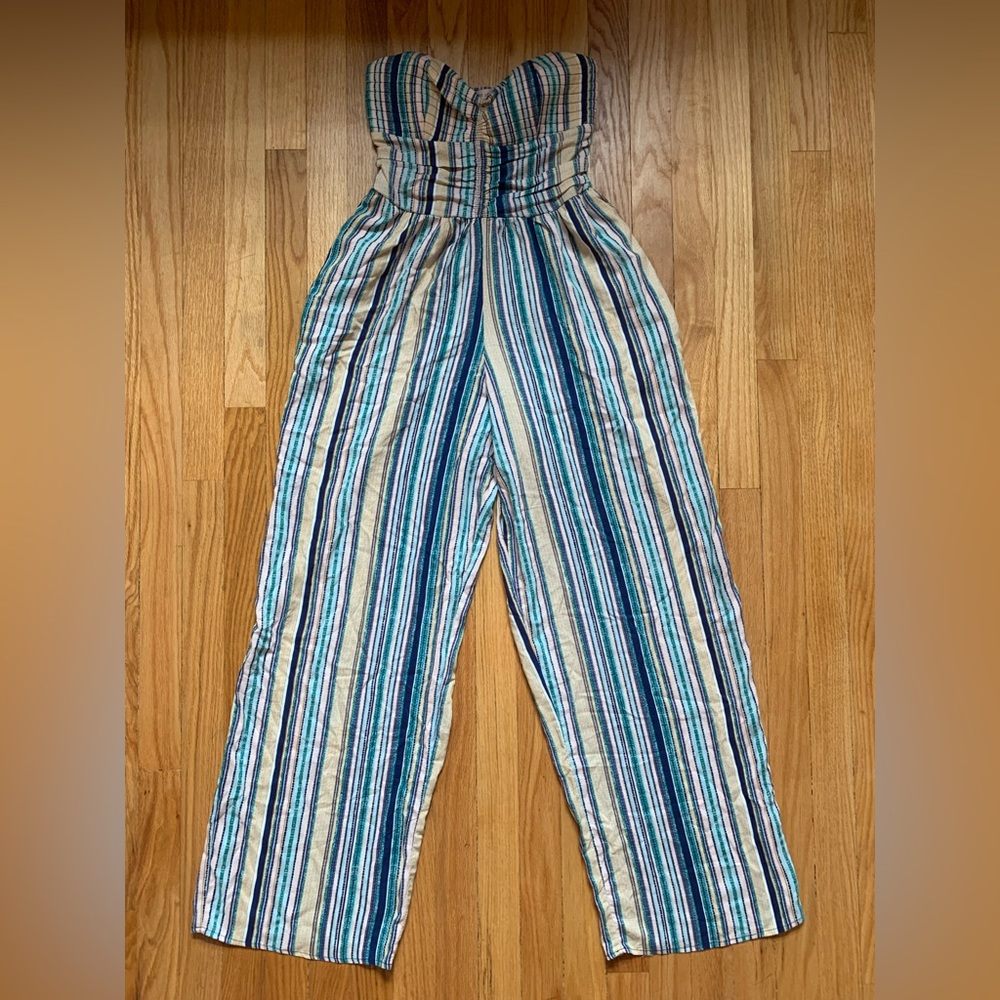 Band of Gypsies Strapless Blue Striped Sweetheart Neck Wide Leg Jumpsuit
